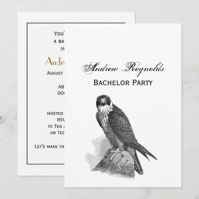 Vintage Stylised Peregrine Falcon BW Invitation (Front/Back)