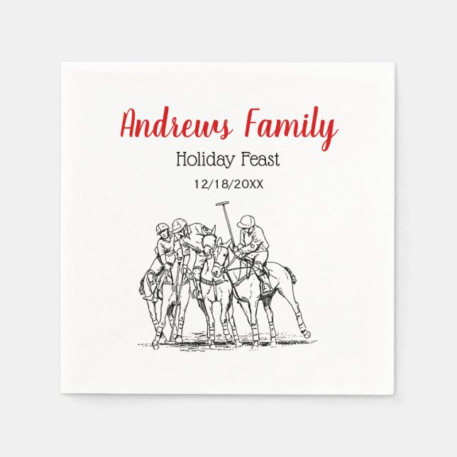 Vintage Stylised Polo Match Drawing #1 Black Napkin (Front)