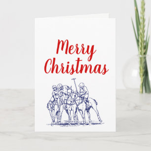 Vintage Stylised Polo Match Drawing #1 Blue Holiday Card