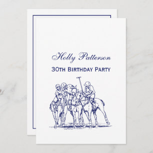 Vintage Stylised Polo Match Drawing #1 Blue Invitation