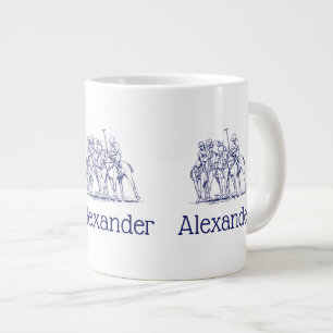 Vintage Stylised Polo Match Drawing #1 Blue Large Coffee Mug