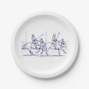 Vintage Stylised Polo Match Drawing #2 Blue Paper Plate
