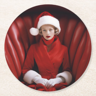Vintage Stylish Mrs Claus Round Paper Coaster