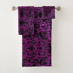 Vintage stylish Pink Floral print pattern on black Bath Towel Set