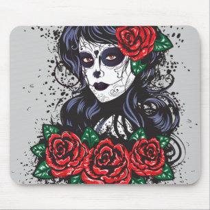 Vintage sugar skull girl with roses v10 mouse mat