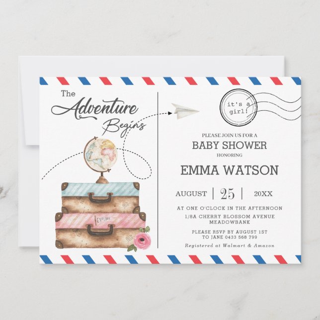 Vintage Suitcase Baby Shower Girl Adventure Postal Invitation (Front)