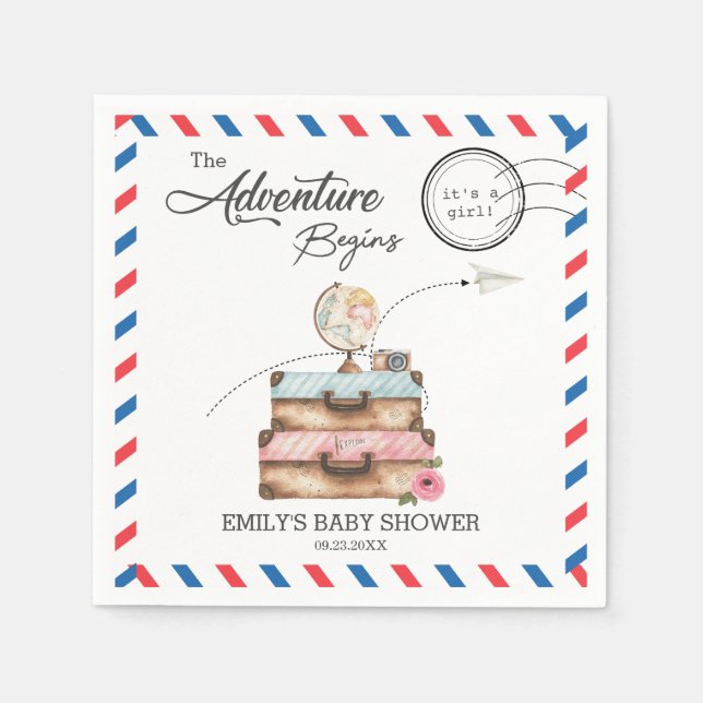 Vintage Suitcase Baby Shower Girl Adventure Postal Napkin (Front)
