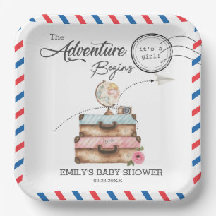 Vintage Suitcase Baby Shower Girl Adventure Postal Paper Plate