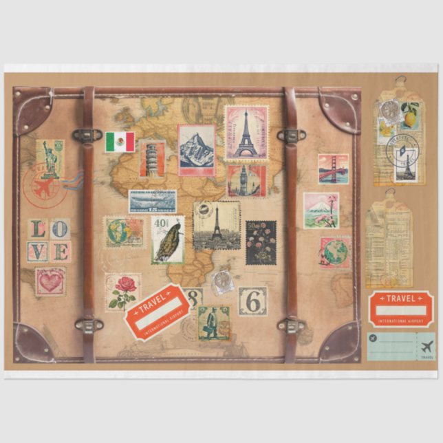 Vintage suitcase fronts and travel stickers  tissue paper (Front)