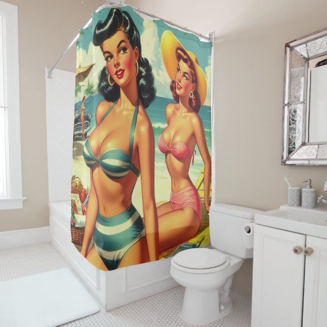 Vintage Summer Beach Pin Ups Shower Curtain (In Situ)