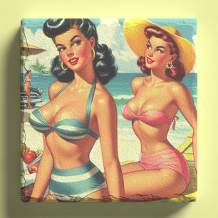 Vintage Summer Beach Pin Ups Stone Coaster
