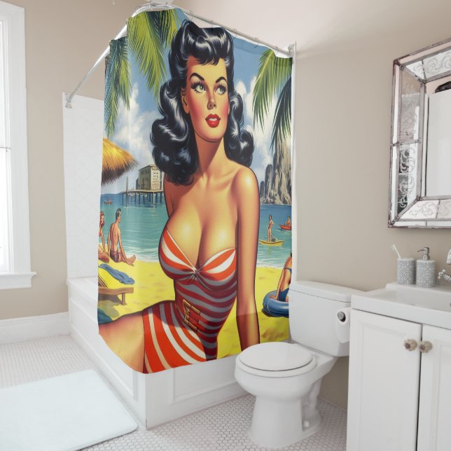 Vintage Summer Bikini Pin-up Shower Curtain (In Situ)