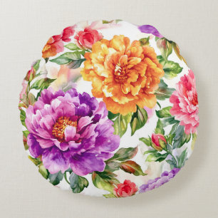 Vintage Summer Bloom Watercolor Florals Round Cushion