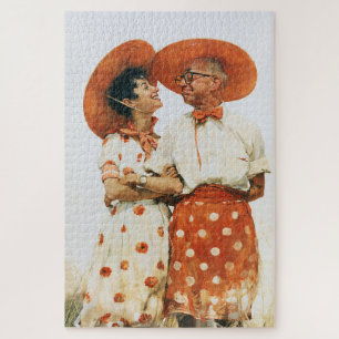 Vintage Summer Couple in Orange Hats Jigsaw Puzzle