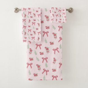 Vintage Summer Dusty Rose Pink Bows and Floral Bath Towel Set