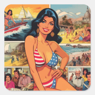 Vintage Summer Girl Comics Square Sticker