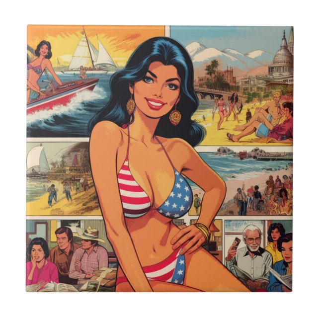 Vintage Summer Girl Comics Tile (Front)