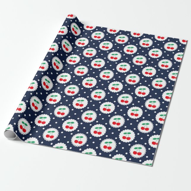  Vintage Summer Navy, White & Red Cherries Wrapping Paper (Unrolled)