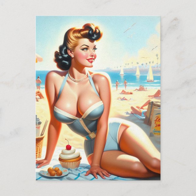 Vintage Summer Pin-Up Girl Postcard (Front)