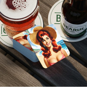 Vintage Summer Pin-up Square Paper Coaster