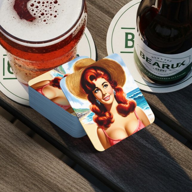Vintage Summer Pin-up Square Paper Coaster (Creator Uploaded)