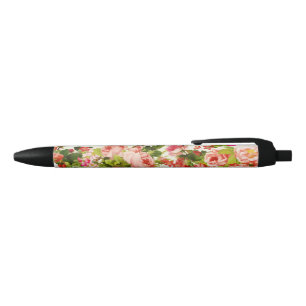 Vintage Summer Pink Rose Peonies Flowers Black Ink Pen