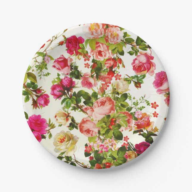 Vintage Summer Pink Rose Peonies Flowers Paper Plate (Front)