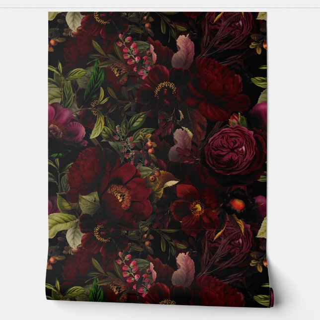 Vintage Summer Romanticism Maximalism Moody Floral Wallpaper (Unrolling)