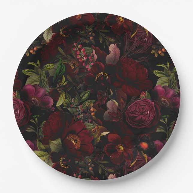 Vintage Summer RomanticismMaximalism Moody Floral Paper Plate (Front)