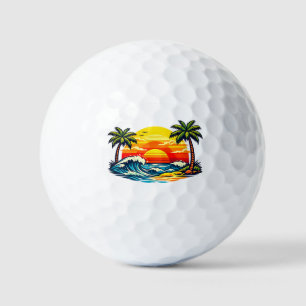 Vintage Summer Sunset Palm Trees Beach Waves Retro Golf Balls