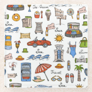 Vintage Summer Symbols Hand-Drawn Pattern Glass Coaster