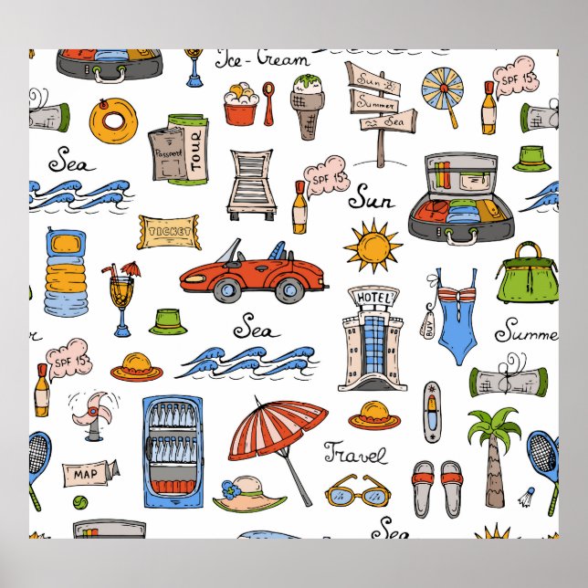 Vintage Summer Symbols Hand-Drawn Pattern Poster (Front)
