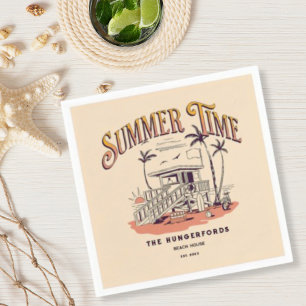 Vintage Summer Time Beach Hut Illustration Napkin