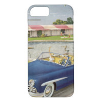 Vintage Summer Vacation, Convertible Car and Motel