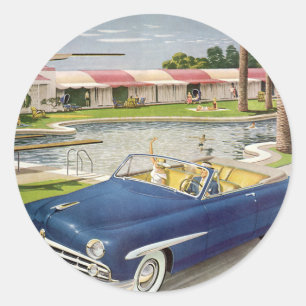 Vintage Summer Vacation, Convertible Car and Motel Classic Round Sticker