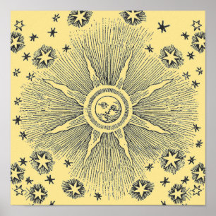 Vintage sun and stars celestial mediaeval sky poster