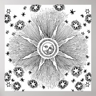 Vintage sun and stars celestial mediaeval sky poster