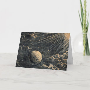 Vintage sun eclipse moon night sky clouds card