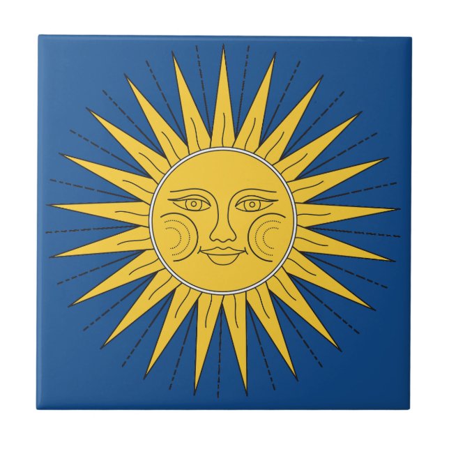 Vintage Sun Illustration on Blue Background Tile (Front)
