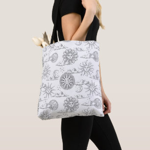 Vintage Sun Moon Celestial Pattern Black and White Tote Bag