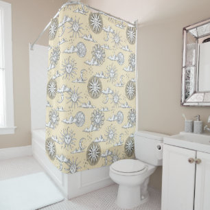 Vintage Sun Moon Celestial Pattern Champaign Shower Curtain