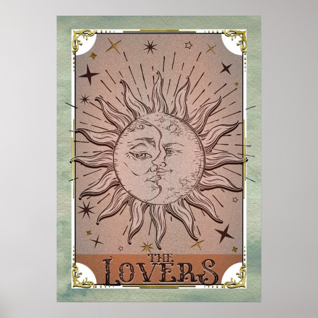 Vintage Sun & Moon Duality Lovers Tarot Card Art  Poster (Front)