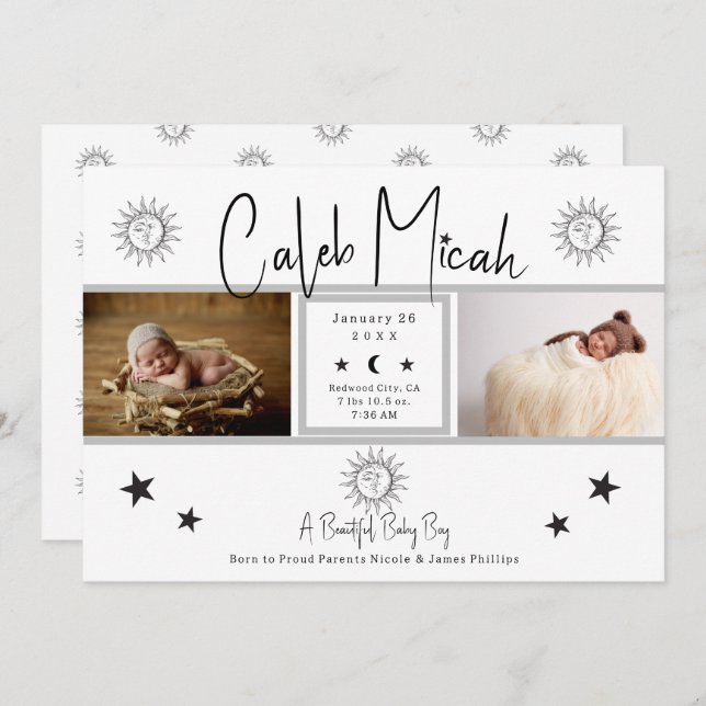 Vintage Sun & Moon Photo Baby Birth Announcement (Front/Back)