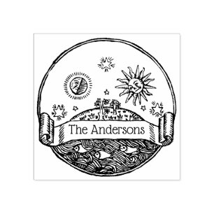 Vintage Sun Moon Stars Ocean Earth Drawing Name Rubber Stamp