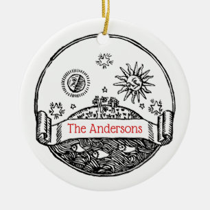 Vintage Sun Moon Stars Ocean Planet Earth Drawing Ceramic Tree Decoration