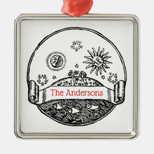 Vintage Sun Moon Stars Ocean Planet Earth Drawing Metal Tree Decoration