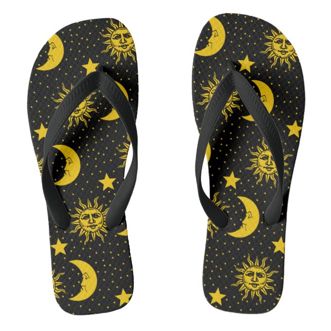 Vintage Sun Moon Stars Pattern Flip Flops (Footbed)