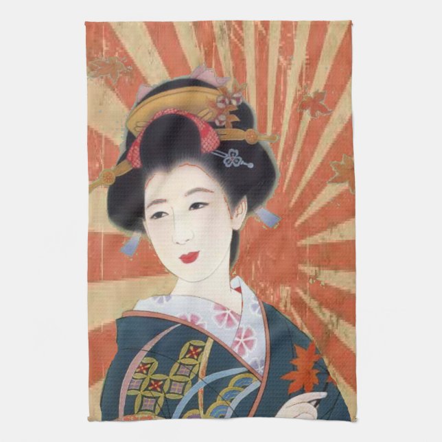 Vintage Sun Rays Japanese Geisha Retro Tea Towel (Vertical)