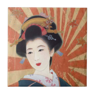 Vintage Sun Rays Japanese Geisha Retro Tile