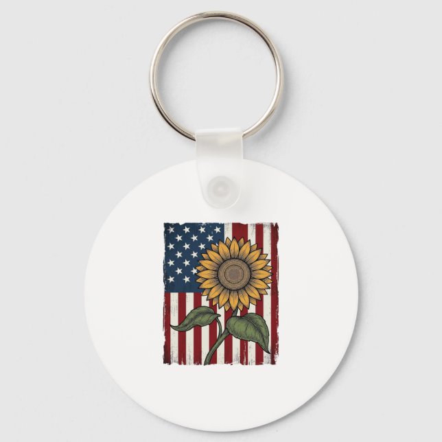 Vintage Sunflower American Flag Key Ring (Front)